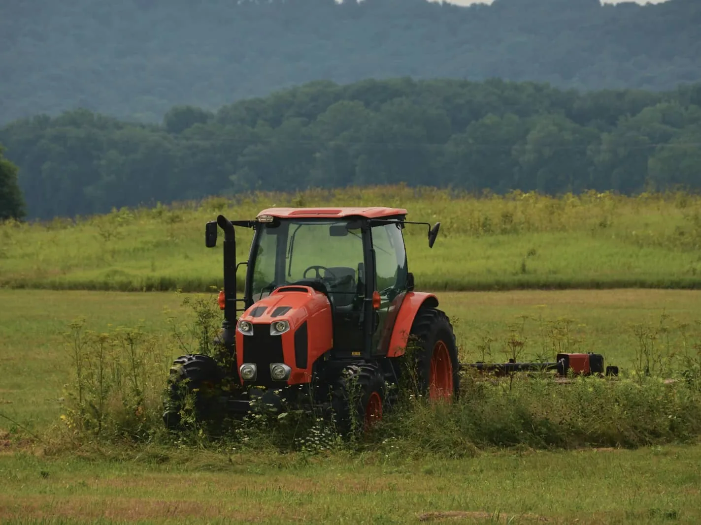 Tractor pulling a rotary brush cutter through a weedy field below a wooded ridge, brush hogging