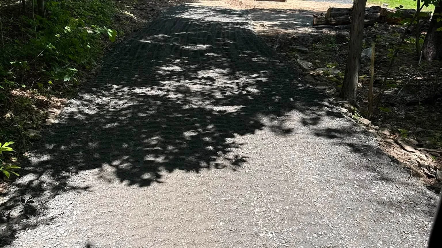 Gravel driveway through shady woods with stone freshly spread