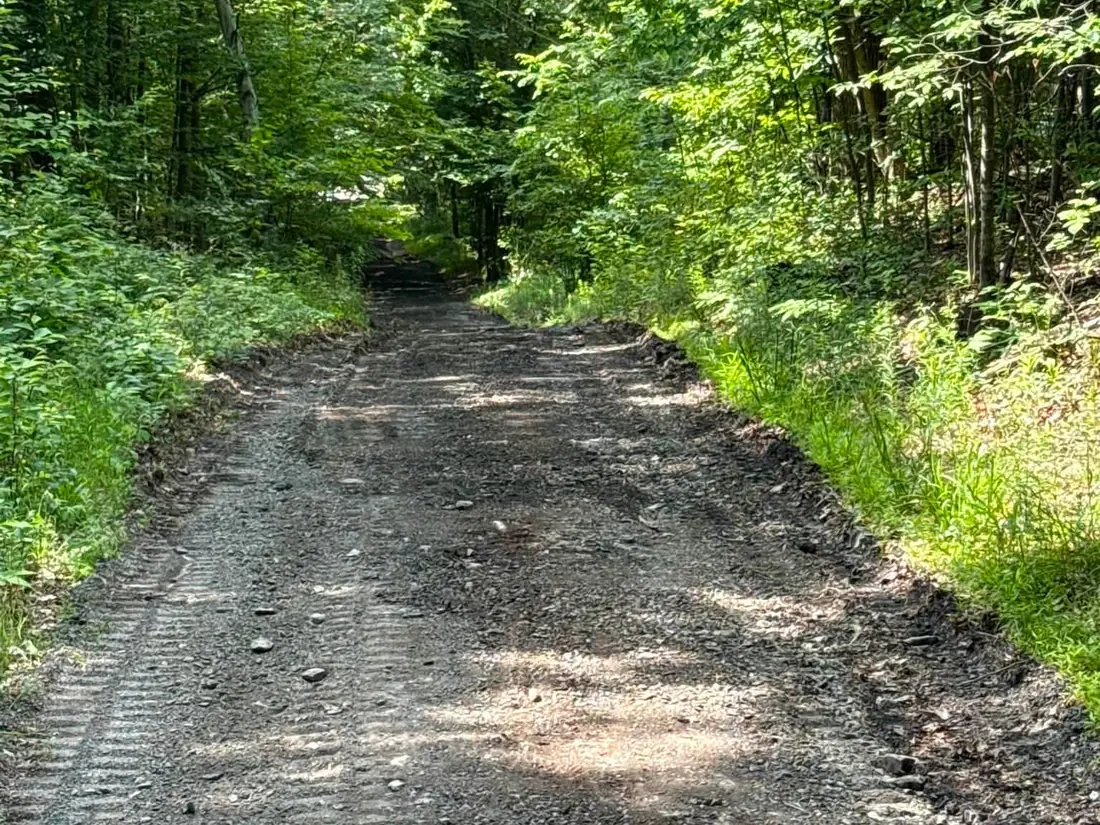 Rough land grading of a rocky lane through the woods, track marks in the fresh grade