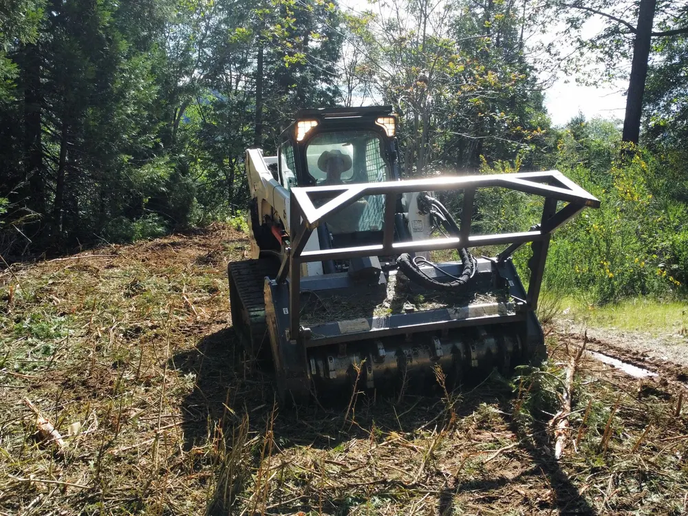 Track loader with a mulching head clearing brush on a wooded lot, property maintenance