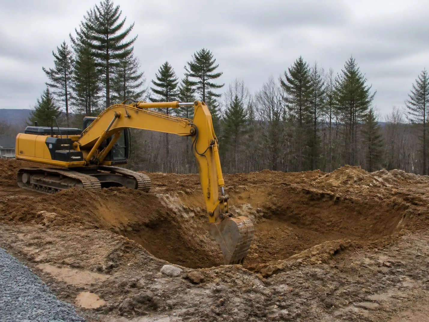 Excavator digging a deep hole on a cleared lot beside a home, septic system installation