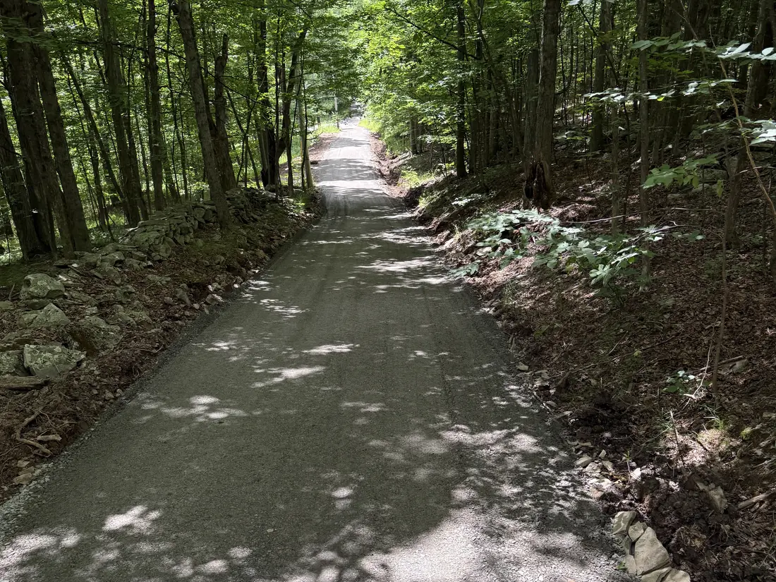 Gravel drive beside an old stone wall in the woods, the kind of drive cleared in snow plowing